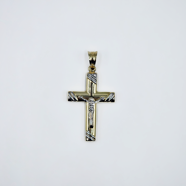14k Yellow Gold Jesus Cross Pendant with 14k White Gold Accents - Size 1.5"