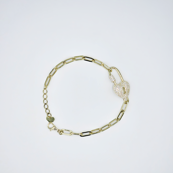 14k Yellow Gold Paper Clip Heart Lock Bracelet - Size 7