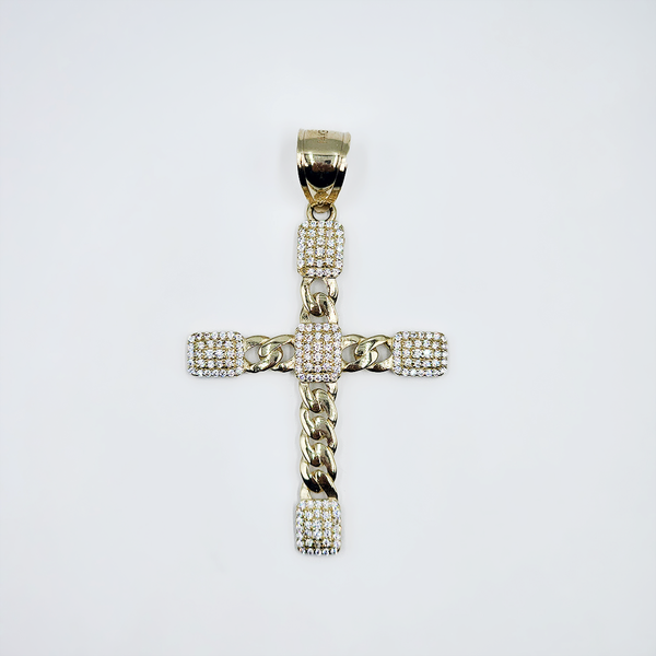 14k Yellow Gold Cuban Link Cross Pendant with CZ - Size 2"