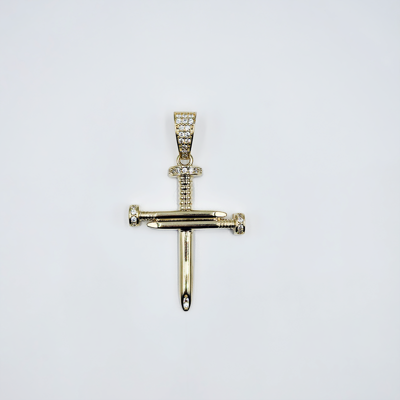 14k Yellow Gold Nail Cross Pendant with CZ - Size 1.5"