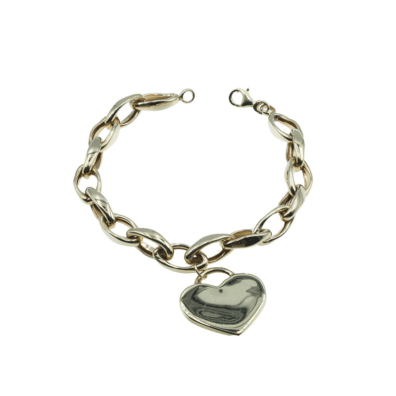Chunky Link Bracelet Heart Charm Bracelet 14k YG Hollow Size 7.5"