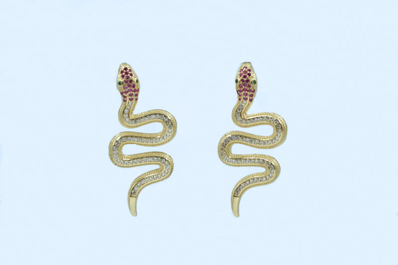 Enchanted Snake Earrings 14k YG CZ Color opt. White/Red 1”