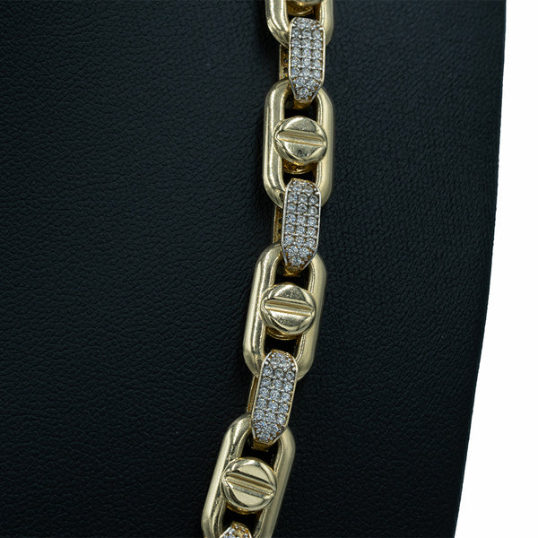 Iced Vintage Screw Necklace 14k YG CZ 8mm 21”