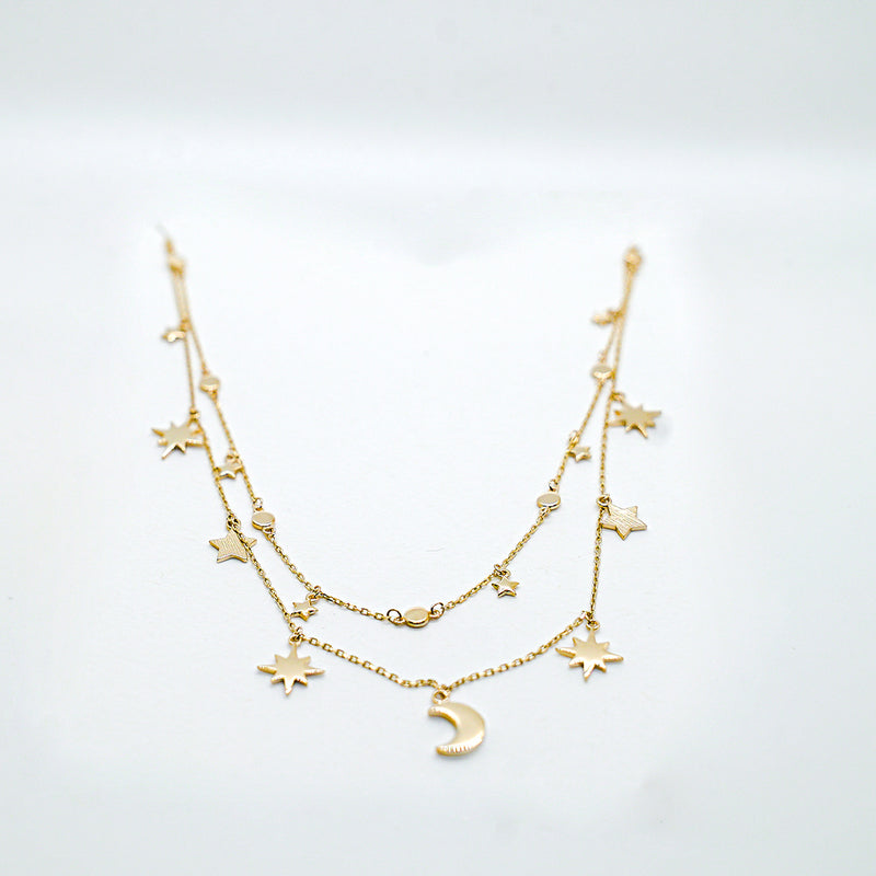 Star Amd Moon Double Necklace 14k Gold - $580